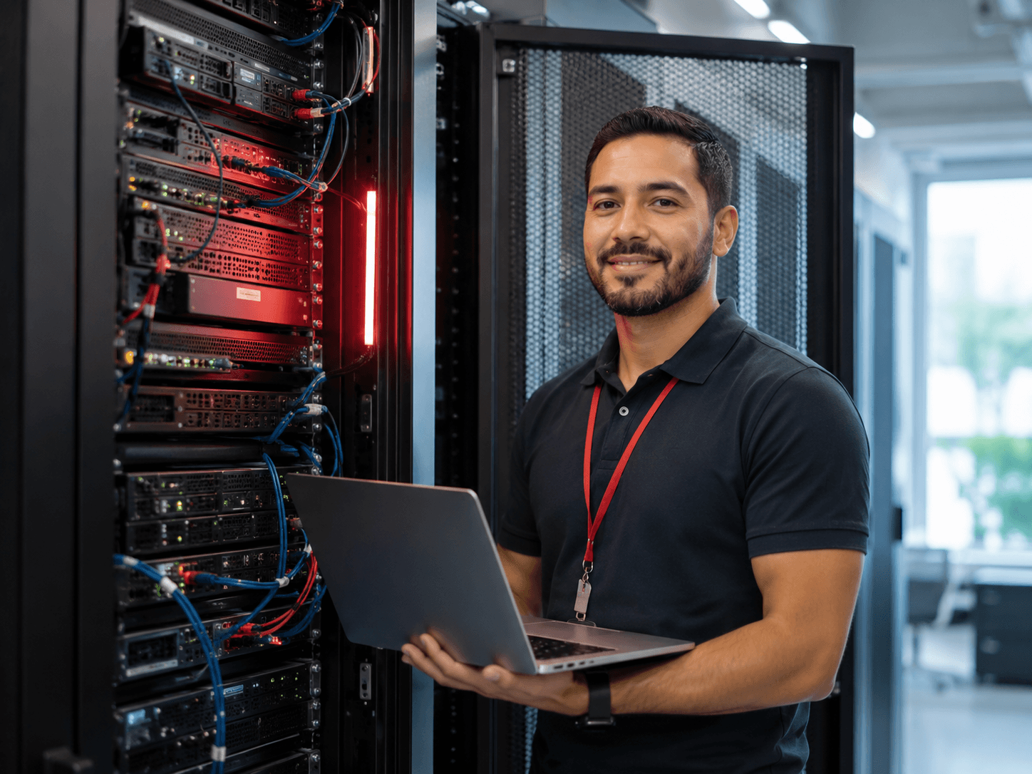 A Full Circle MSP technician maintaining a secured server rack