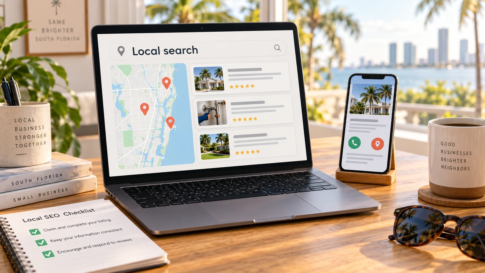 Illustrative local search map, business listings and profile checklist