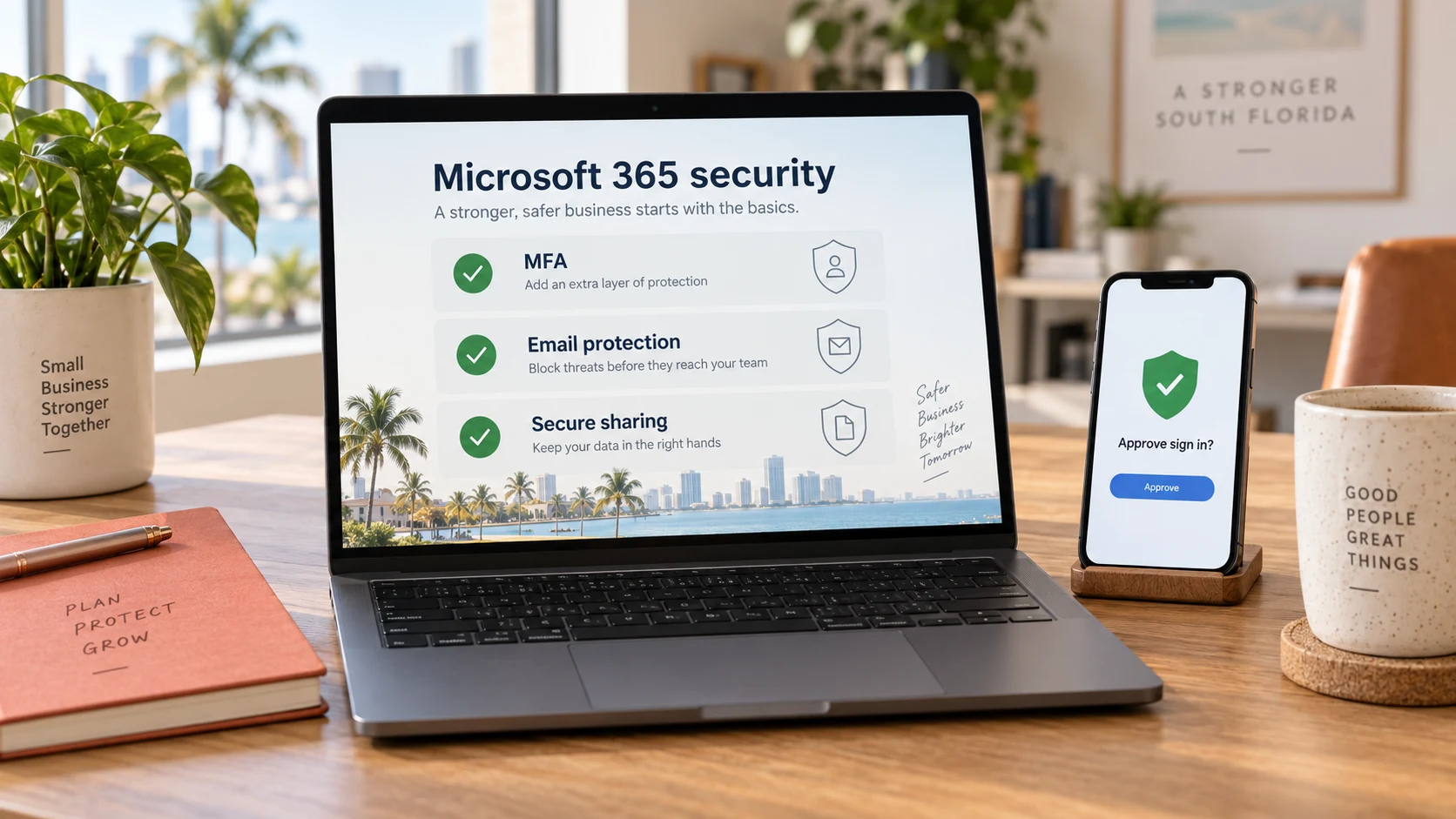 Illustrative Microsoft 365 security checklist and smartphone authentication