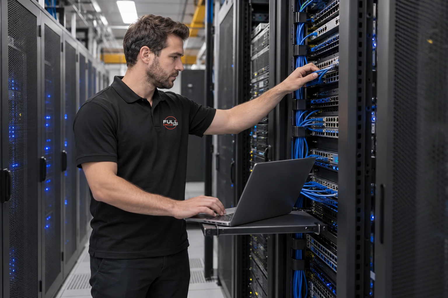 AI-created technician wearing the Full Circle MSP logo, maintaining network equipment in a data center